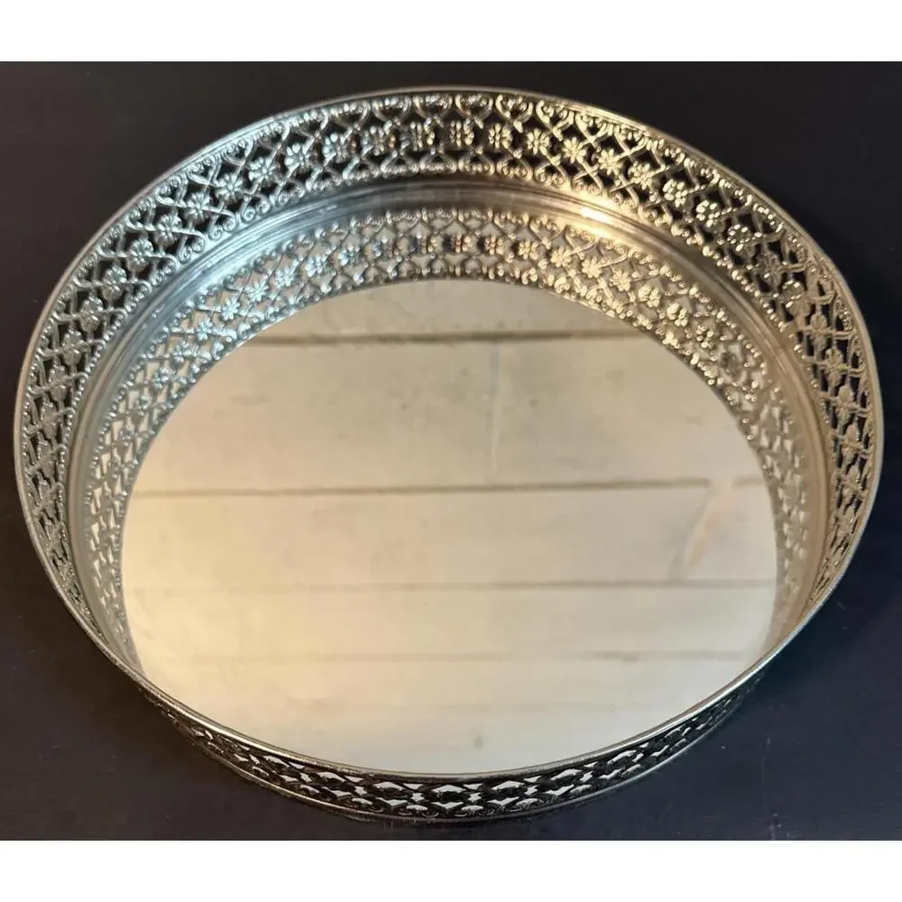 10” Round Elegant Silver Mirror Table Top Decor Vanity Tray Perfumes Ornate Rim